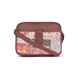 zouk kutch gamthi abstract printed women jute vegan leather multicolor trendy sling bag with zip closure