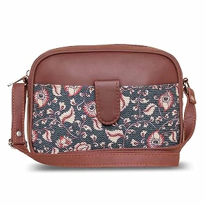 zouk chittoor blue kalamkari motif printed women39s jute handcrafted vegan leather blue magnetic sling bag