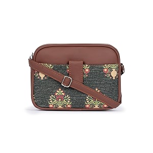 zouk royal green mogra floral printed women jute vegan leather green trendy sling bag with zip closure