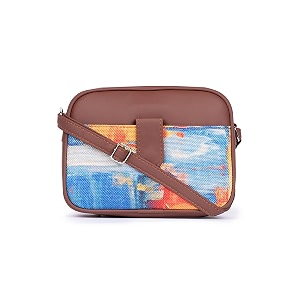 zouk abstract amaze abstract printed women jute vegan leather multicolour trendy sling bag with zip closure