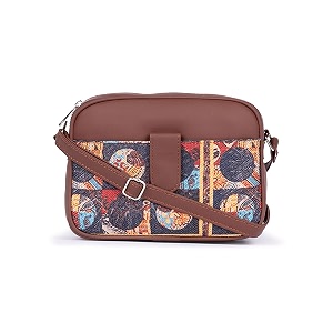 zouk african art abstract printed women jute vegan leather multicolour trendy sling bag with zip closure