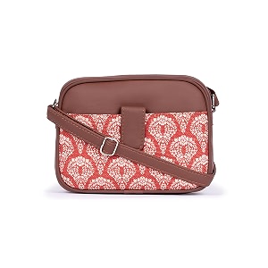 zouk chanderi phool floral printed women jute vegan leather red trendy sling bag with zip closure
