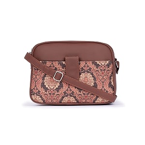 zouk jodhpur damask motif printed women jute vegan leather brown trendy sling bag with zip closure