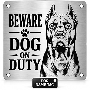 beware of dog zouple sign with custom pet name tag pitbull 834x834 triple mount jsl brand steel laser print
