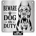 Beware of Dog ZOUPLE® Sign with Custom Pet Name Tag, Pitbull, 8"x8", Triple Mount, JSL Brand Steel, Laser Print