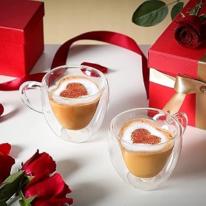 double walled insulated glass coffee mugs set of 6 250 printed designer cup layer tea cups with handle for latte cappuccino espressocoffee glass 6 heart 250ml