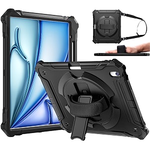 ztotopcases for new ipad air 13 inch m2 case 2024 with pencil holder shockproof full body drop protective cover with 360 rotating hand strap amp stand black