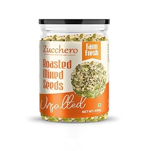 zucchero roasted premium mixed seeds unsalted 400g 6 in 1 sunflower pumpkin chia flax watermelon sesame  zero added oil  salt-free  crunchy roasted  protein rich  healthy snack  omega rich  weight loss