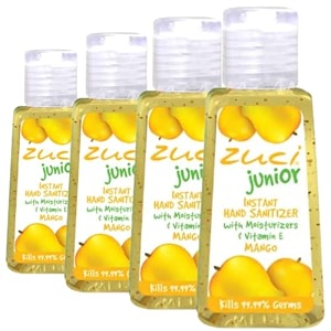 zuci junior mango scented hand sanitizer  for instant germ protection  alcohol gel-based  travel-friendly  for kids - 30 ml pack of 4