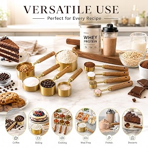 zurato 8pc stainless steel measuring cups and spoon set  wooden handle measuring spoon scoop set  measuring cups and spoons set  baking utensils