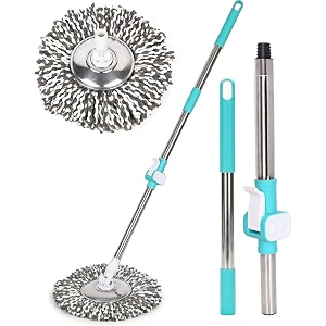 zureni heavy duty 360 bucket spin mop stick rod with microfiber refill pocha cleaner adjustable easy grip 47-inches long metal handle for wet floor household industrial cleaning and mopping blue