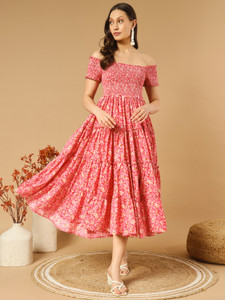 ZWERLON Women Fit and Flare Pink Midi