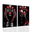 ZXHYWYM 2 Piece African American Wall Art Black Woman Pictures Red Girl Bedroom Wall Decor Afro Women Canvas Prints Female Home Room Decor Framed (11"x14"x2)