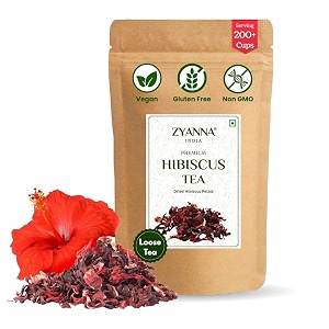 zyanna hibiscus tea - pure dried hibiscus flower petals  loose 100g - 200 cups  caffeine-free  brew hot or iced  for drinks hair care skin care face pack amp natural glow  rich in antioxidants