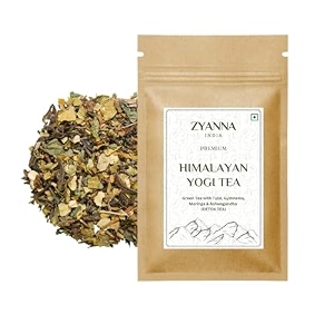 zyanna himalayan yogi tea loose pack - authentic blend of exotic himalayan herbs and spices - green tea with tulsi ashwagandha- delicious soothing herbal tea experience yogi tea 100gm