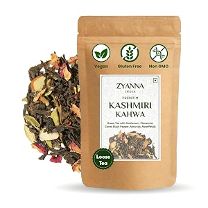 zyanna kashmiri kahwa  100gm-50 cups  green tea with cardamom cinnamon clove black pepper almonds amp rose petals  100 natural spices  aromatic amp warming wellness blend