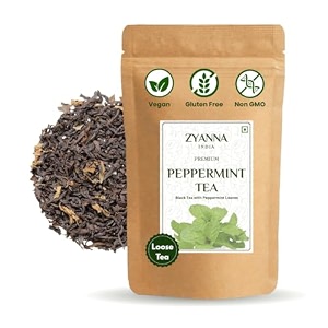 zyanna peppermint tea - premium black tea infused with peppermint leaves100 gram-50cups mint natural ingredients brew hot or cold loose tea - refreshing flavour relaxing