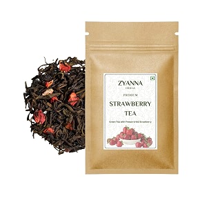 zyanna strawberry tea - fruity and delicious loose leaf green tea blend with freeze-dried strawberries and natural flavors strawberry tea 100gm