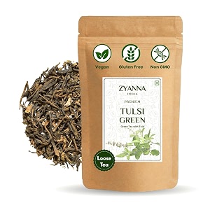 zyanna tulsi tea - loose leaf premium herbal green tea green loose leaf with tulsibasil leaves holy basil for best sleep natural ingredients brew hot or iced 353oz-100g-50 cups