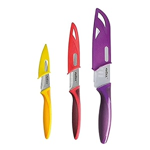 zyliss 3 piece mini santoku knife set with sheath covers stainless steelpurpleredyellow