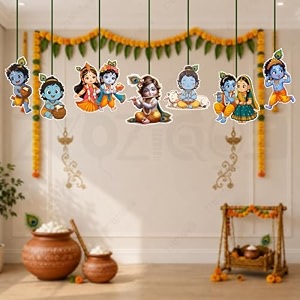 zyozique krishna janmashtami ceiling hanging decorations set  balgopal krishna cutouts ceiling hanging for janmashtami celebration krishna theme party home temple amp festive decor pack of 7