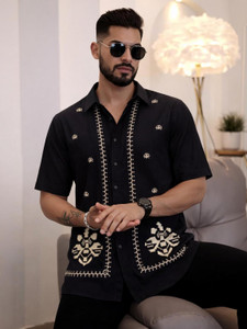 zyromen Men Embroidered Casual Black Shirt